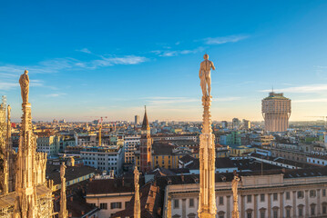 Aerial view of Milan city taken from the rooftop of Milan Cathedral