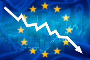 declining economic performance of euro area. declining graph and euro symbol on background of european flag. economic depression, Financial Crysis Recession Economic