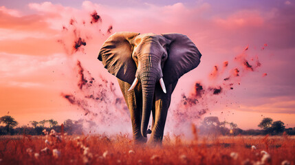 Elephant Running Away from Mouse in Pink Prairie: Whimsical and Surreal Concept