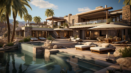 Fototapeta na wymiar The villa is nestled in a desert landscape offering modern comfort and Arabic aesthetics