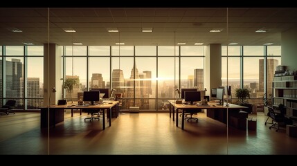 Business people silhouettes in modern office at sunset