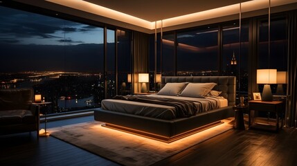 penthouse bedroom at night, dark gloomy, A room with a view of the city from the bed, generative ai - obrazy, fototapety, plakaty