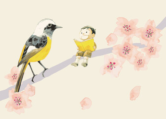 桜の花と小鳥と一緒に本を読む男の子