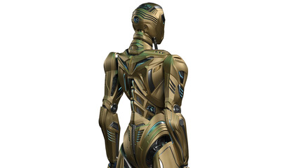 3d rendering of detailed futuristic robot or alien humanoid cyborg. Back side view of the upper body isolated on transparent background
