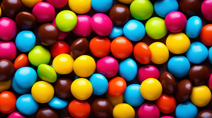 Obraz premium Close up of a pile of colorful chocolate coated candies. Candy background. Generative AI