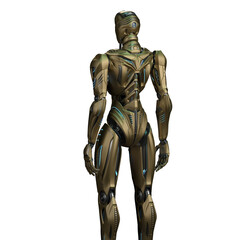 Fototapeta na wymiar 3d rendering of detailed futuristic robot or alien humanoid cyborg. Back view of the upper body isolated on transparent background