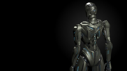 Fototapeta na wymiar 3d rendering of detailed futuristic robot or alien humanoid cyborg. Back view of the upper body with empty space for text. Isolated on dark background