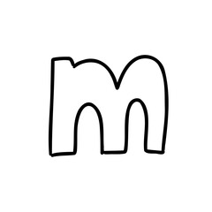 Cartoon m black letter of latin english outline in outline childlike style isolated on white background. For typography, font, alphabet, lettering, logo, presentation, signboard, education, branding.