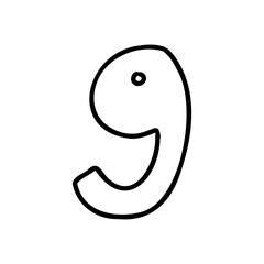 Digit number nine cartoon outline in outline childlike style isolated on white background. For typography, font, lettering, logo, alphabet, signboard, education, branding, presentation.