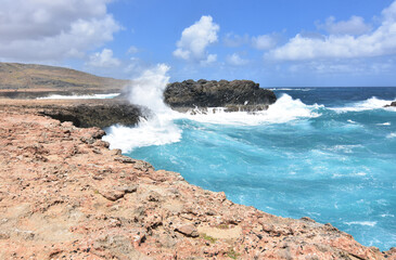 Large Waves Splashing Against the Rock Cliffs in Aruba