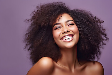 Beautiful african american girl with an afro hairstyle smiling at beige studio background. Generative Ai
