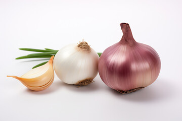Obraz na płótnie Canvas Shot of onion and garlic on plain background