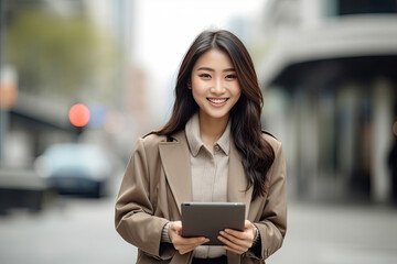 Asian young business woman smiling leader entrepreneur, professional manager holding digital tablet computer using software applications standing on the street in big city. Generative Ai