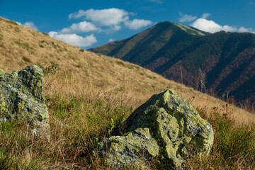 Fototapeta na wymiar Stones with moss and mountain peak on the background