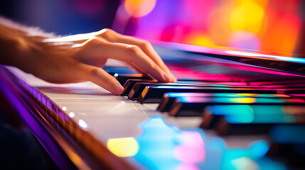  Person's fingers playing a rainbow-colored piano