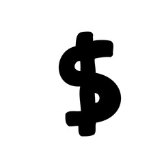 Obraz premium Symbol dollar USD currency black font in childlike style isolated on white background. For font, typography, branding, logo, lettering, education, signboard, alphabet, presentation, paper.