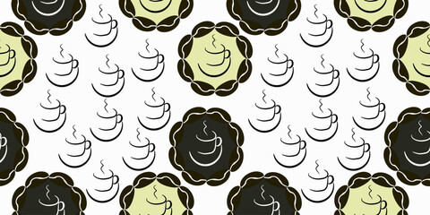 Coffee shop background - Coffee cups and frame of beans seamless pattern. Vector illustration