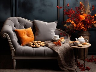 On a gradient gray backdrop, a luxurious velvet chaise lounge catches the eye. Silk cushions enhance its elegance, while a nearby tray displays a teacup, saucer, and autumn-themed cookies.