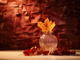 Deep matte burgundy background provides contrast for a glass vase, overflowing with freshly fallen amber leaves, each leaf's texture accentuated by gentle studio lighting.