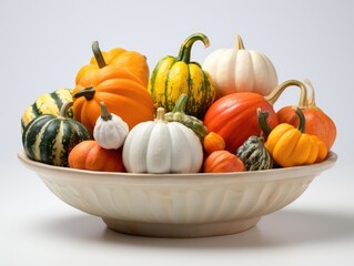 Elegant vintage ceramic bowl brimming with vibrant multi-colored pumpkins, set against a pristine white background, delicately illuminated with side lighting.