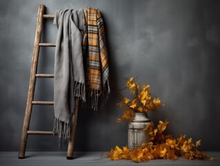 Rustic wooden ladder on slate gray background draped with plaid autumn scarves, scattered with amber leaves, enhanced by the gentle side light creating depth.