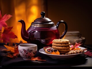 Delicate porcelain teapot steaming against a rich plum backdrop, accompanied by autumn leaf-shaped cookies on a plate, bathed in ambient light to accentuate details.