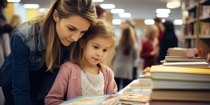 Daughter with mom choose a book in a bookstore, generative ai