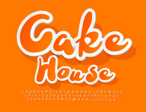 Vector playful Banner Cake House. Funny handwritten Font. Orange sticker Alphabet Letters and Numbers