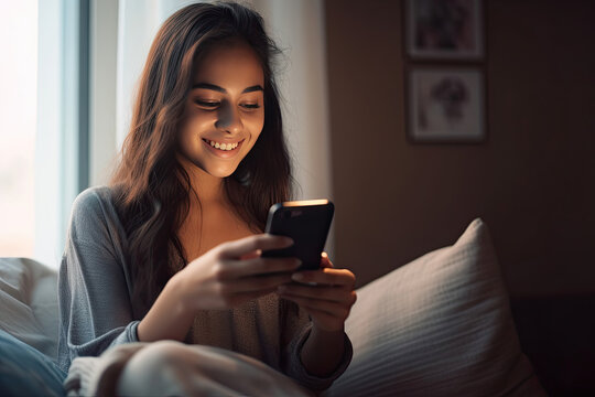 Happy millennial hispanic teen girl checking social media holding smartphone at home. Generative Ai