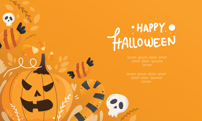 Vector trick or treat halloween party vector design happy halloween greeting text with ghost skull and pumpkin elements 