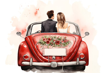 Bride and groom in a red car, just married, watercolor 1