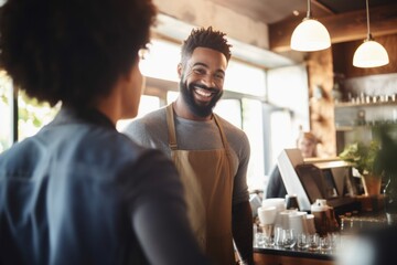 Small cozy cafe coffee shop bakery completing order business interior sunny morning light proud happy barista offers cheap hot tasty cocoa latte cappuccino americano espresso baguette bread bun donuts