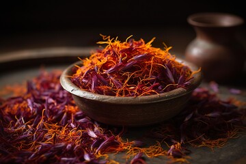 Dried saffron flowers in a bowl on a dark background