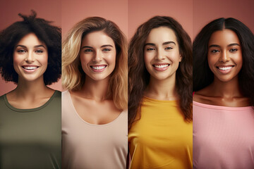 Diversity And Variety Concept. Creative composite collage series of optimistic multicultural women smiling on colorful studio backgrounds. Headshot portraits of multiracial ladies. Generative Ai