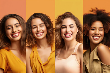 Diversity And Variety Concept. Creative composite collage series of optimistic multicultural women smiling on colorful studio backgrounds. Headshot portraits of multiracial ladies. Generative Ai - obrazy, fototapety, plakaty