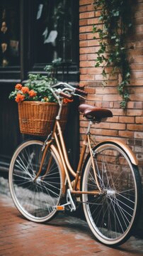 A bicycle parked next to a brick building