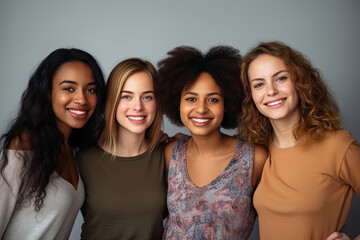 Obraz premium Portrait of young multiracial women standing together and smiling at camera isolated over white background. Generative Ai