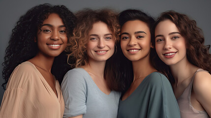 Obraz premium Portrait of young multiracial women standing together and smiling at camera isolated over white background. Generative Ai