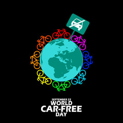 Colorful bicycles circle the earth with a sign that says no cars, with bold text isolated on black background to commemorate World Car-Free Day pn September 22