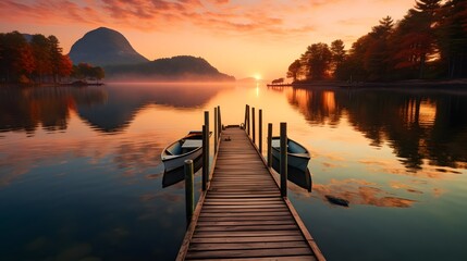sunset over a pier on with boats on a lake, Generative AI