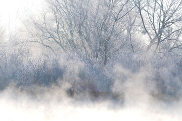 Obraz na płótnie Canvas steam over the river on a frosty winter morning