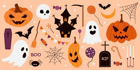 Vector set of Halloween elements: pumpkins, ghosts, castle, grave, coffin, broom, candy. Perfect for scrapbooking, greeting card, party invitation, poster, tag, stickers. Hand-drawn style. Fall theme.