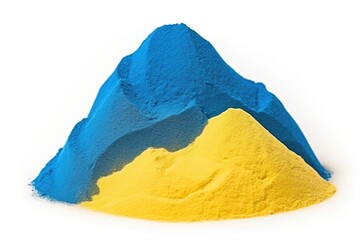 Pile of kinetic sand of blue and yellow colors isolated on white background