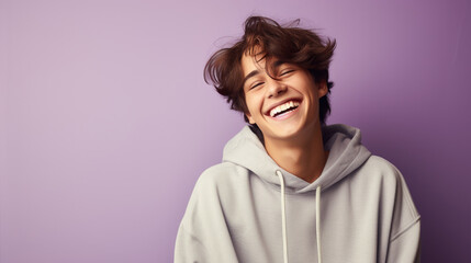 Obraz premium Australian teen, brown hair, white hoodie, copy space