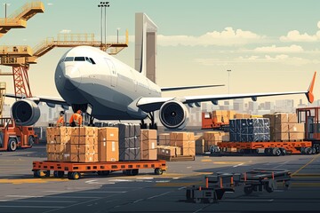 Fototapeta na wymiar world of air cargo transportation. Depict a bustling airport tarmac with cargo planes of various sizes being loaded and unloaded.Generated with AI