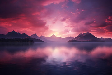 Sunrise over a Mountain Range and a Calm Water - AI Generated