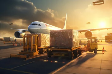 Foto op Canvas world of air cargo transportation. Depict a bustling airport tarmac with cargo planes of various sizes being loaded and unloaded.Generated with AI © Chanwit