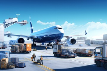 world of air cargo transportation. Depict a bustling airport tarmac with cargo planes of various sizes being loaded and unloaded.Generated with AI - obrazy, fototapety, plakaty