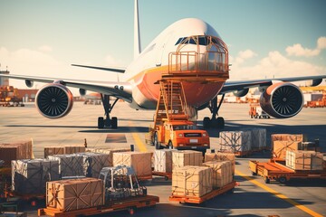 world of air cargo transportation. Depict a bustling airport tarmac with cargo planes of various sizes being loaded and unloaded.Generated with AI