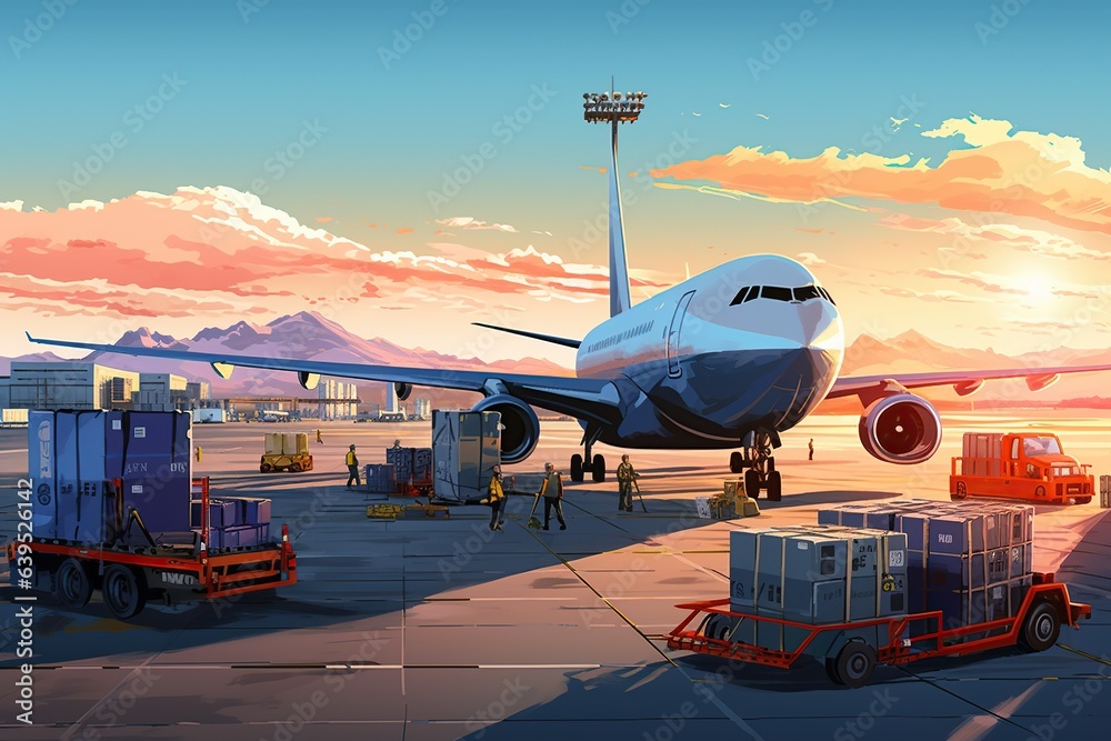 Wall mural world of air cargo transportation. Depict a bustling airport tarmac with cargo planes of various sizes being loaded and unloaded.Generated with AI